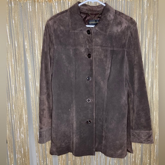 Vintage 90s genuine leather suede chocolate brown button up collared coat jacket - Picture 1 of 7